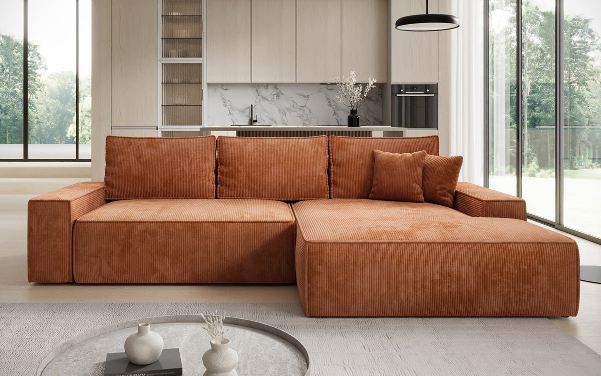 Designer-Sofa Verona mat breeder Ottomane mat Schlof- a Klappfunktioun a Cord