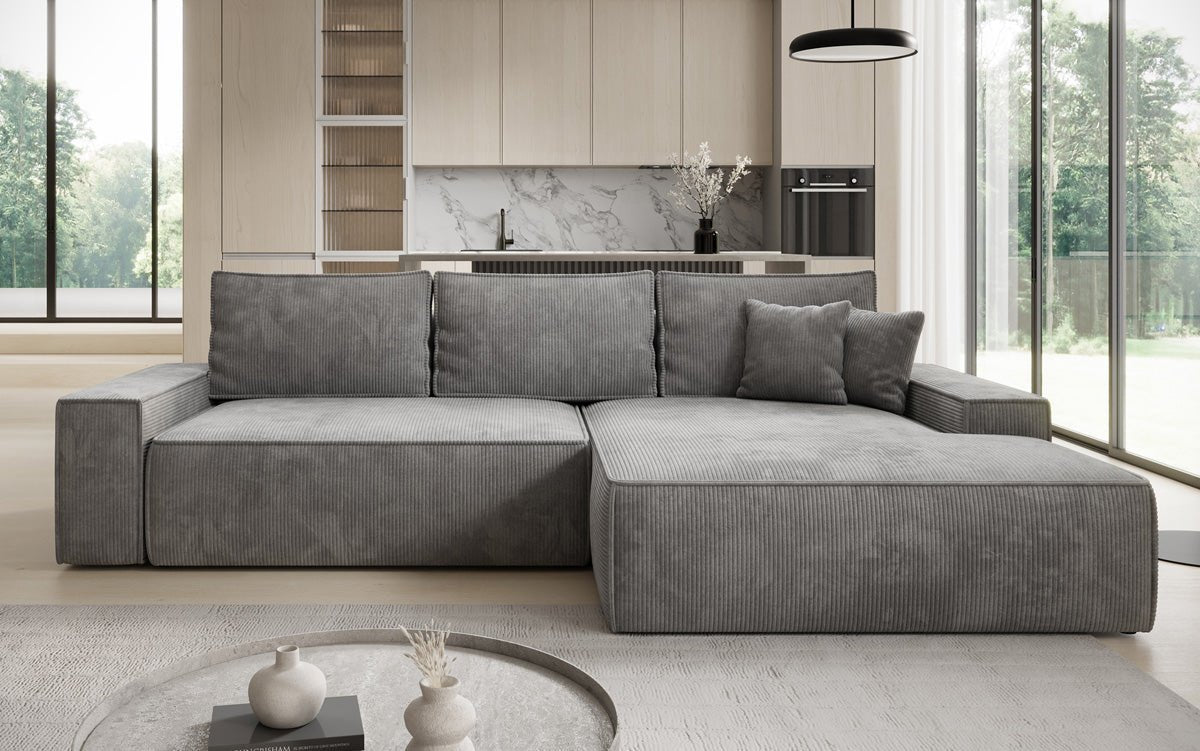 Designer-Sofa Verona mat breeder Ottomane mat Schlof- a Klappfunktioun a Cord