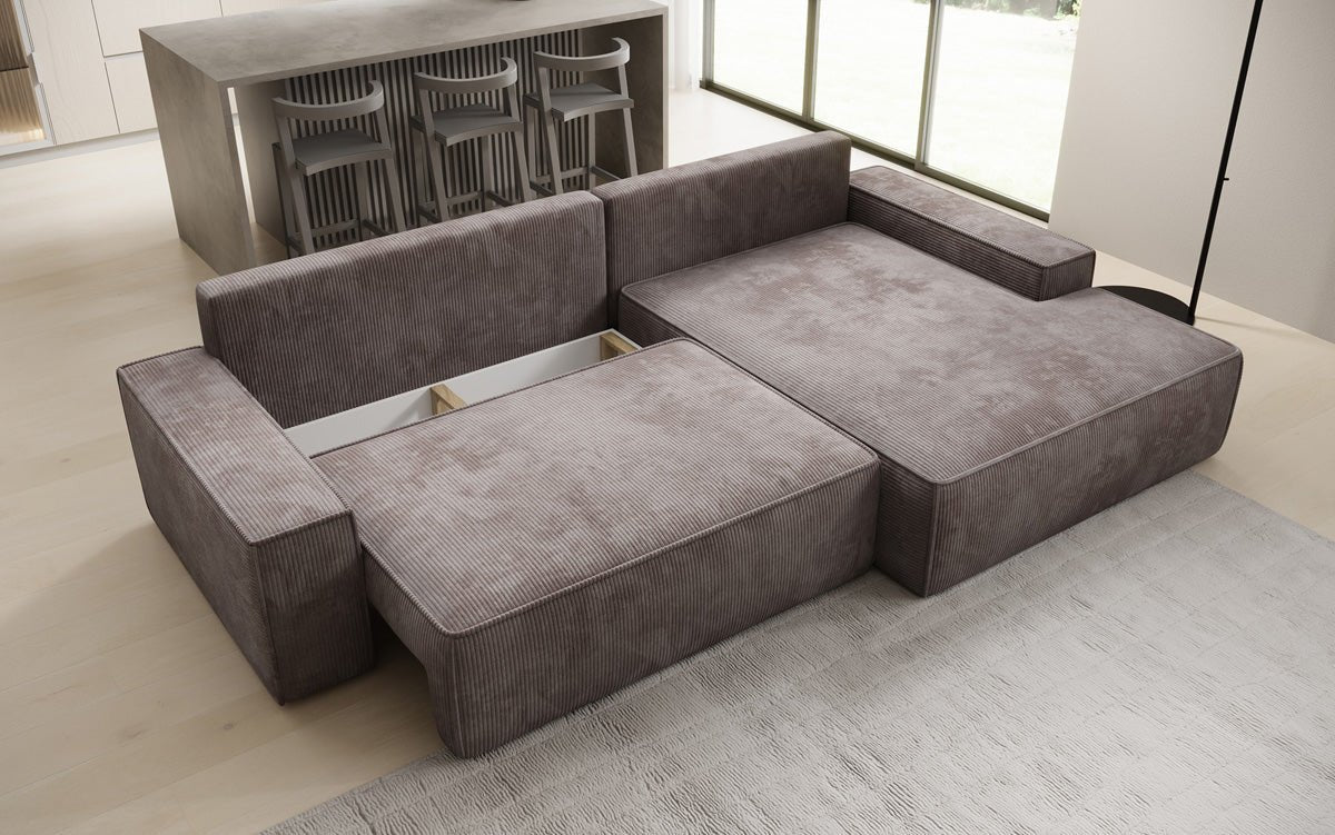 Designer-Sofa Verona mat breeder Ottomane mat Schlof- a Klappfunktioun a Cord
