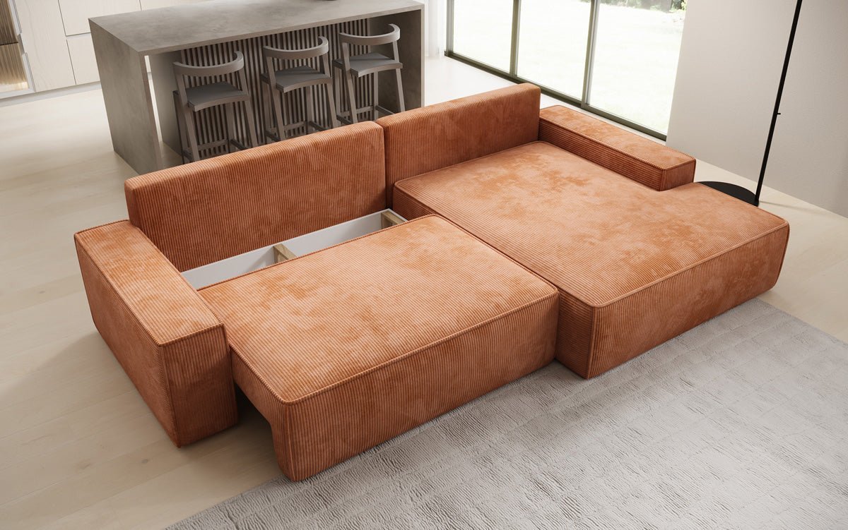 Designer-Sofa Verona mat breeder Ottomane mat Schlof- a Klappfunktioun a Cord