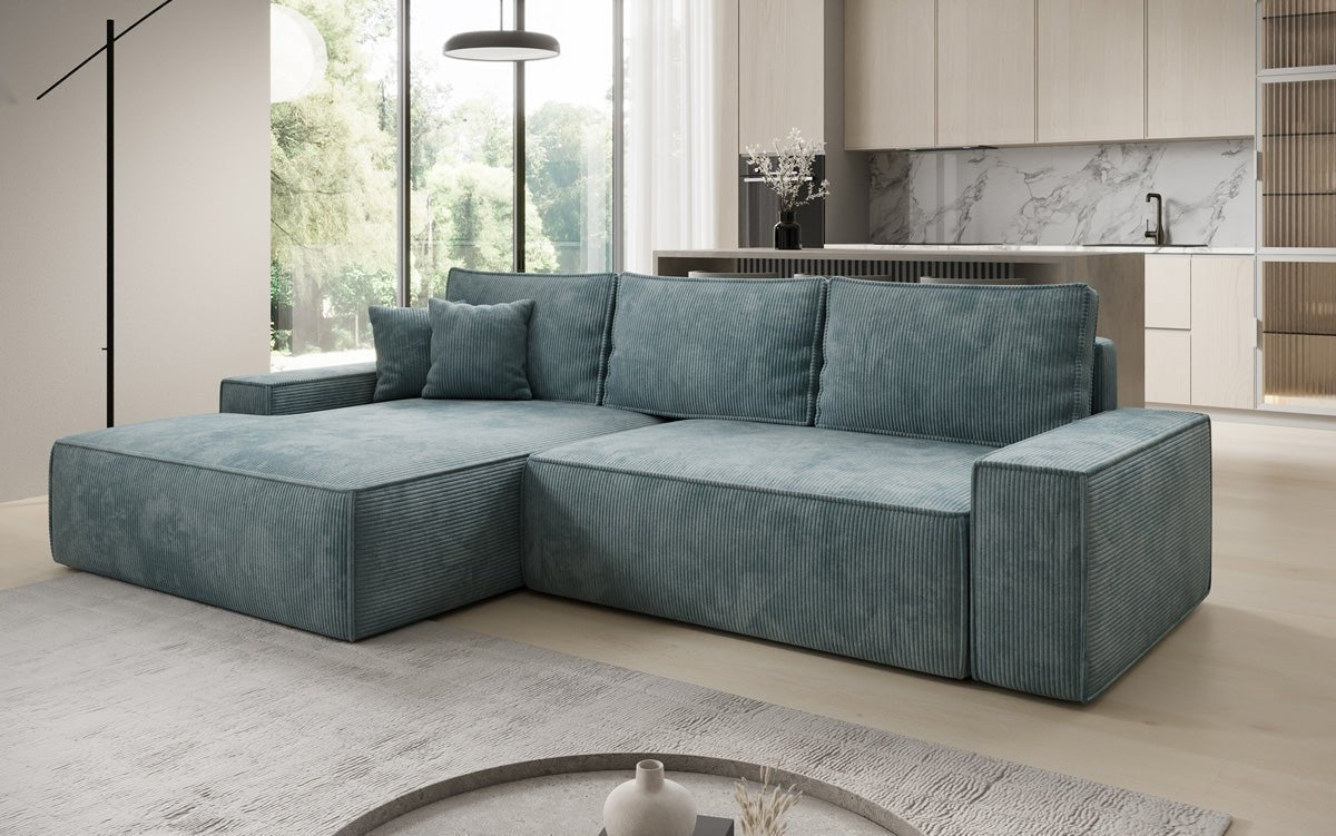 Designer-Sofa Verona mat breeder Ottomane mat Schlof- a Klappfunktioun a Cord