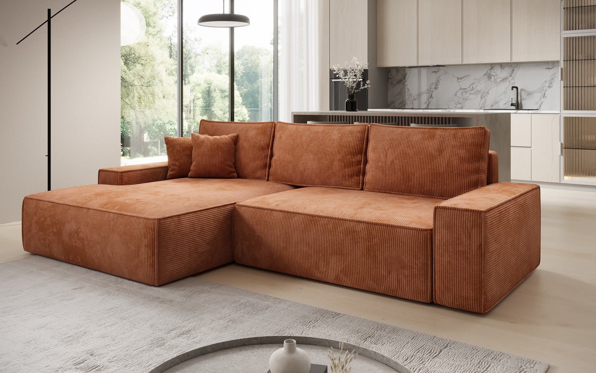 Designer-Sofa Verona mat breeder Ottomane mat Schlof- a Klappfunktioun a Cord