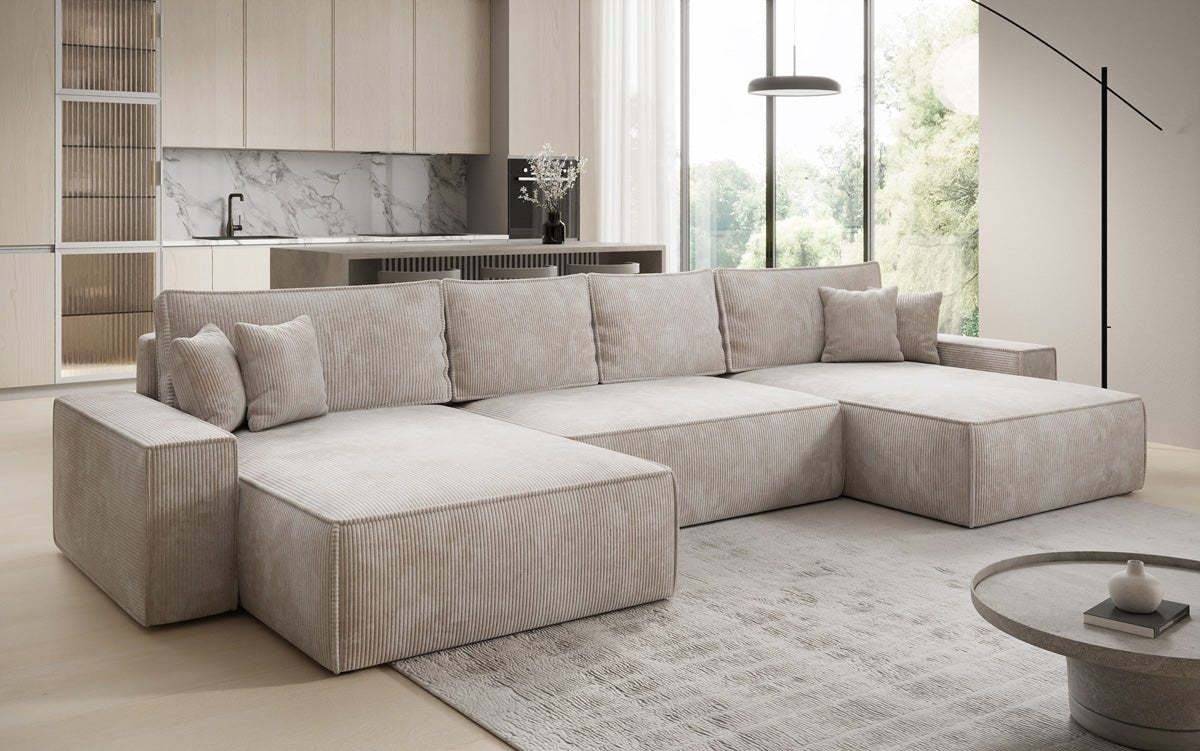 Designer-Sofa Lunaro U mat Schloffunktioun a Späicherraum a Cord