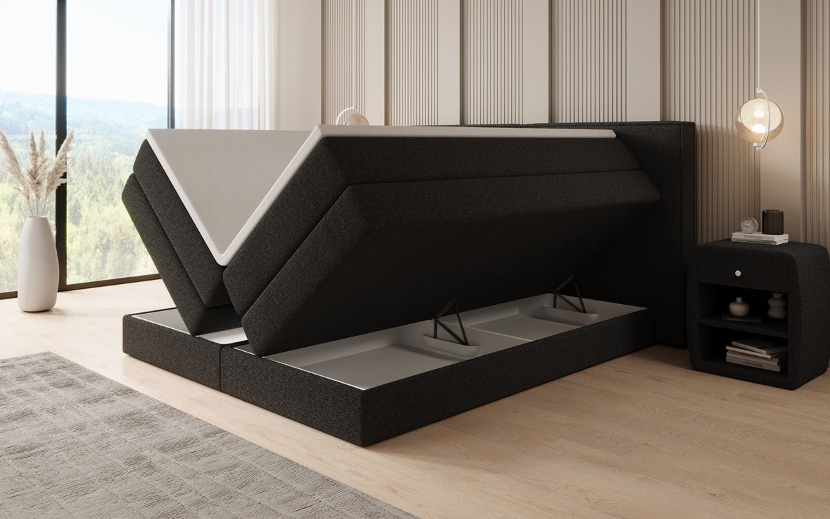 Boxspringbett Ophelia mit hochklappbarem Stauraum in Teddy Bouclé