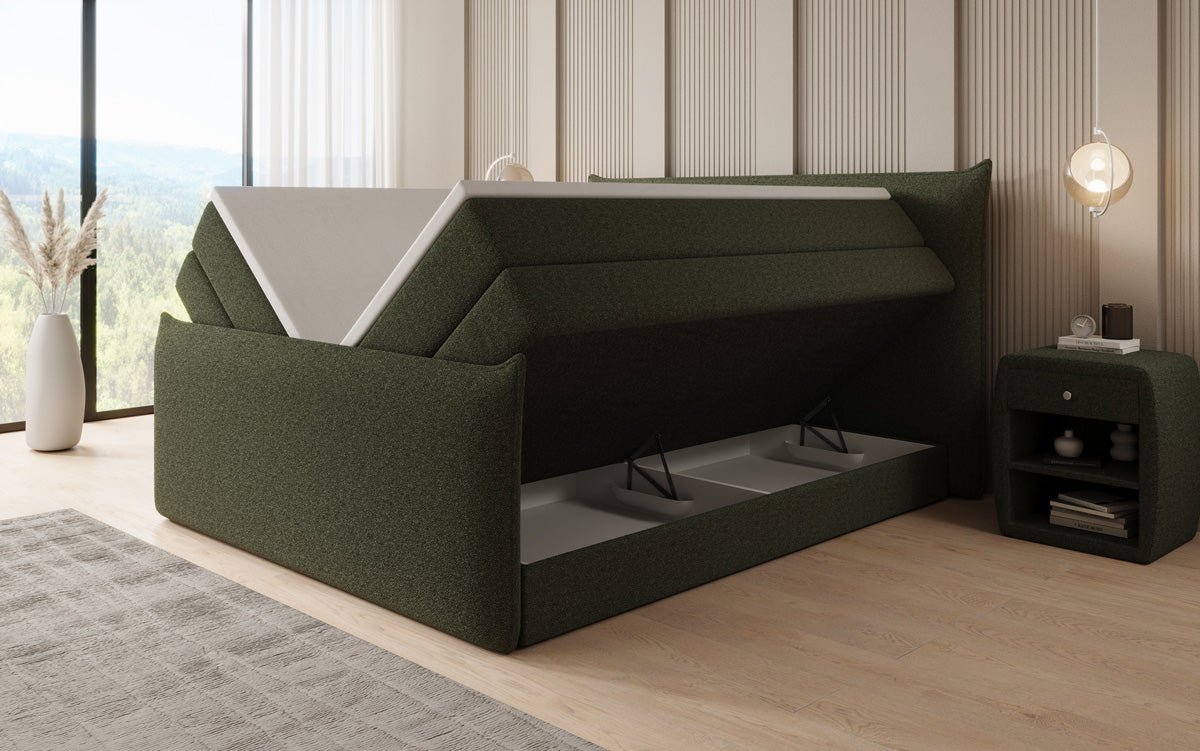 Boxspringbett Liana II mat héichklappbarem Stauraum an Teddy Bouclé