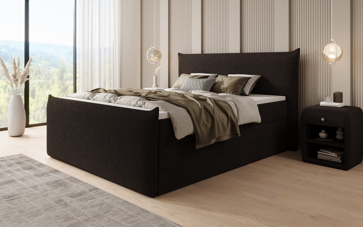 Boxspringbett Liana II mat héichklappbarem Stauraum an Teddy Bouclé
