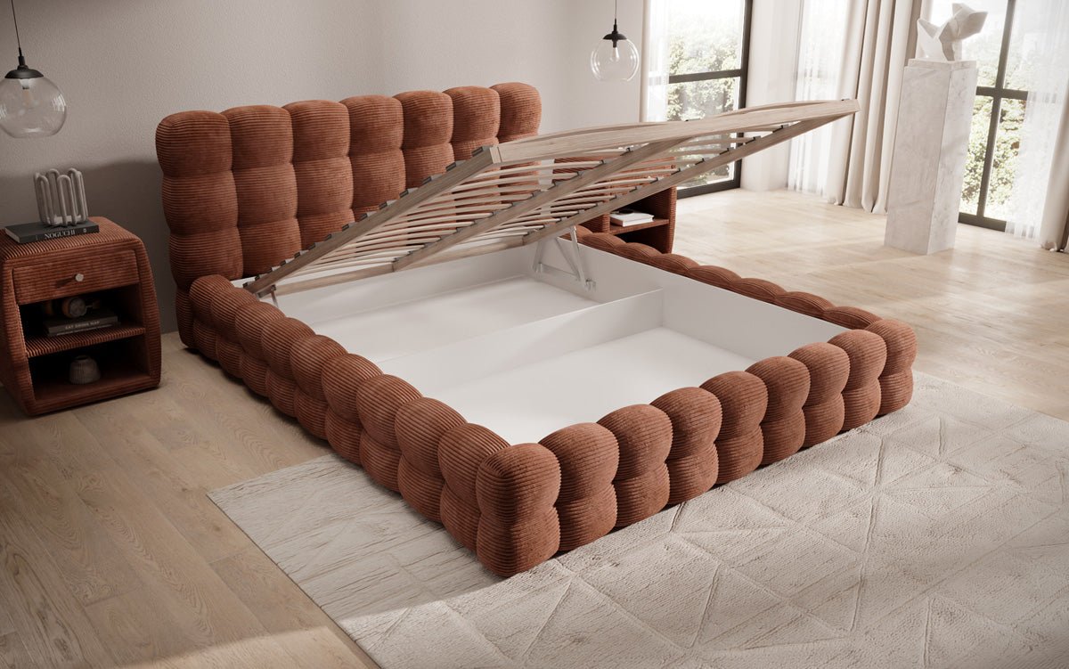 Designert Polsterbett Calimo a Cord mat Stauplaz
