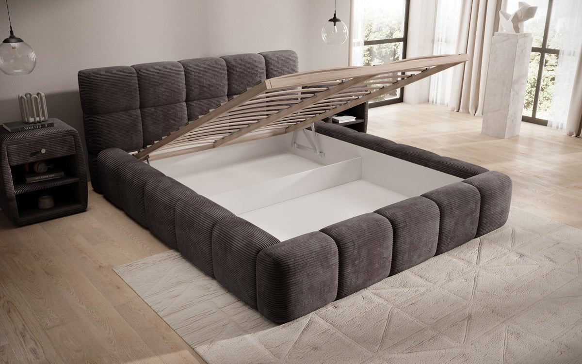 Designert Polsterbett Nox aus Cord mat Späicherplaz