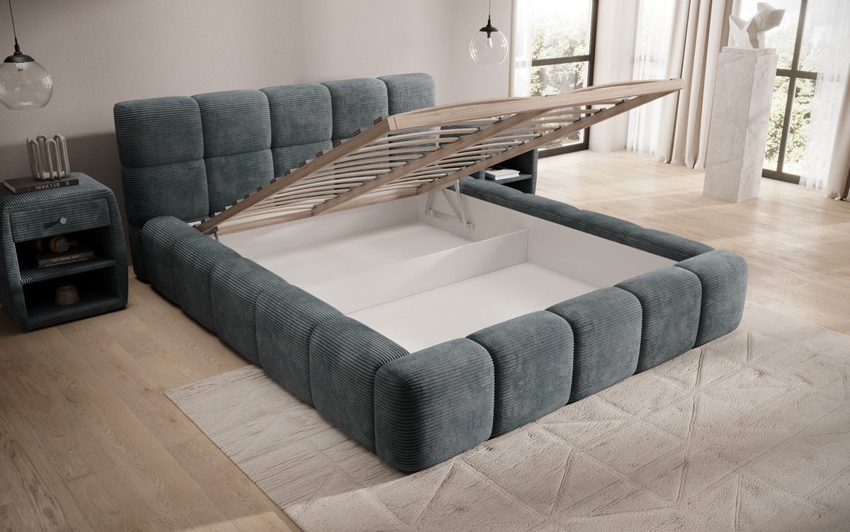 Designert Polsterbett Nox aus Cord mat Späicherplaz