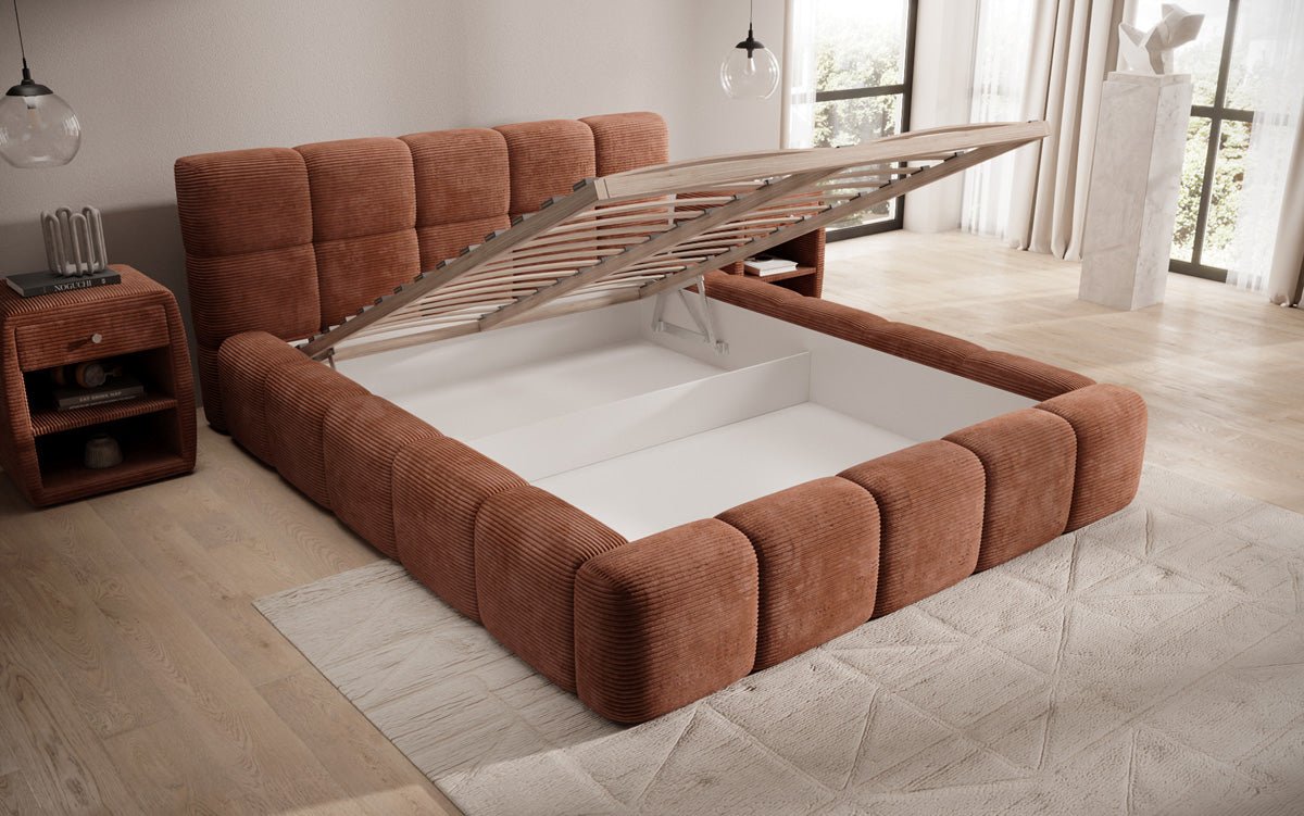 Designert Polsterbett Nox aus Cord mat Späicherplaz