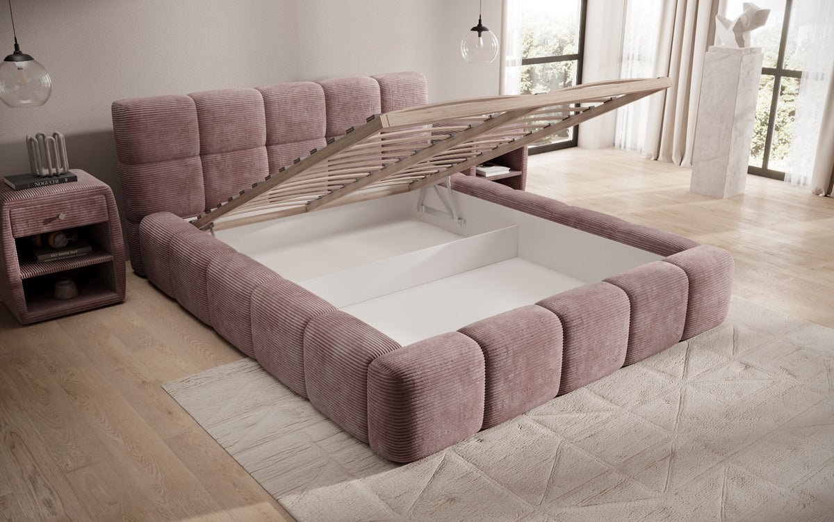 Designert Polsterbett Nox aus Cord mat Späicherplaz