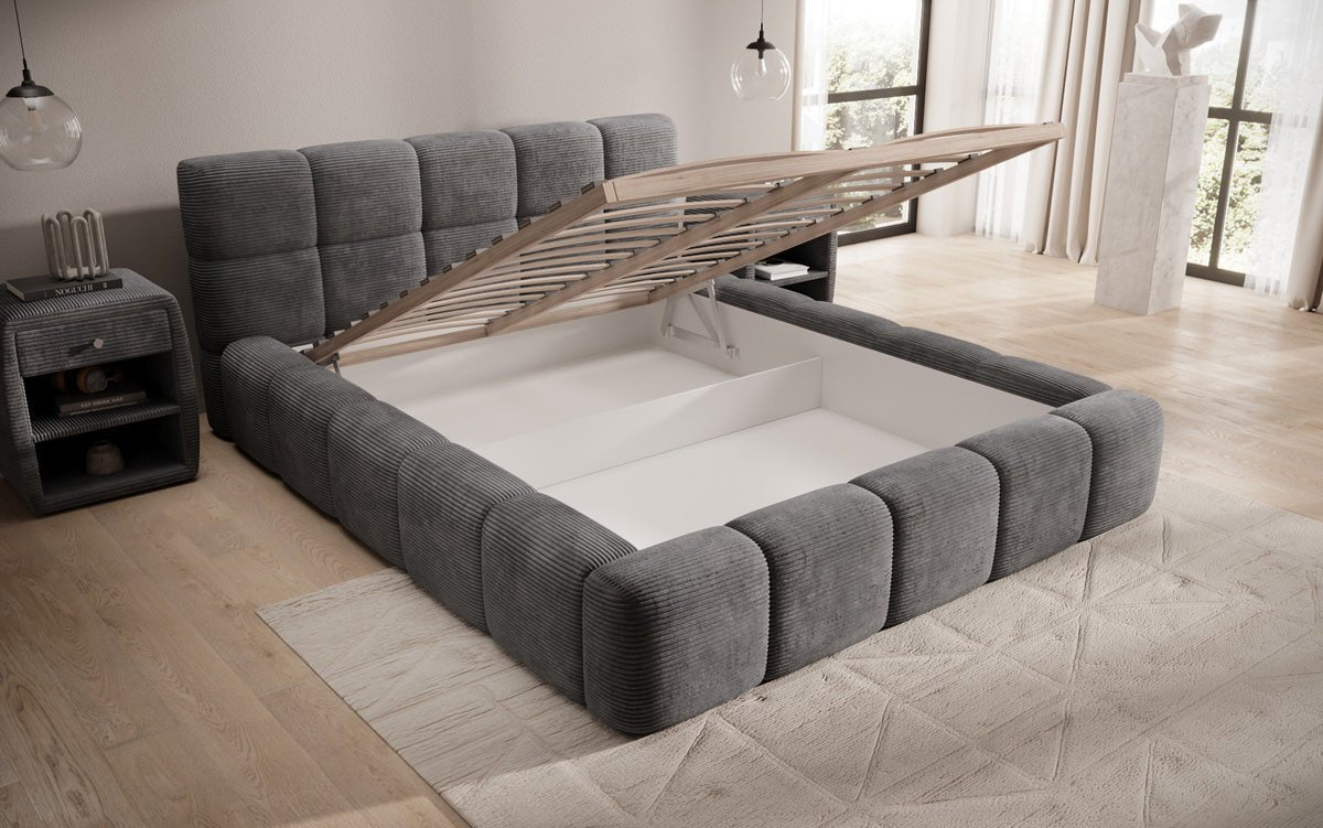 Designert Polsterbett Nox aus Cord mat Späicherplaz