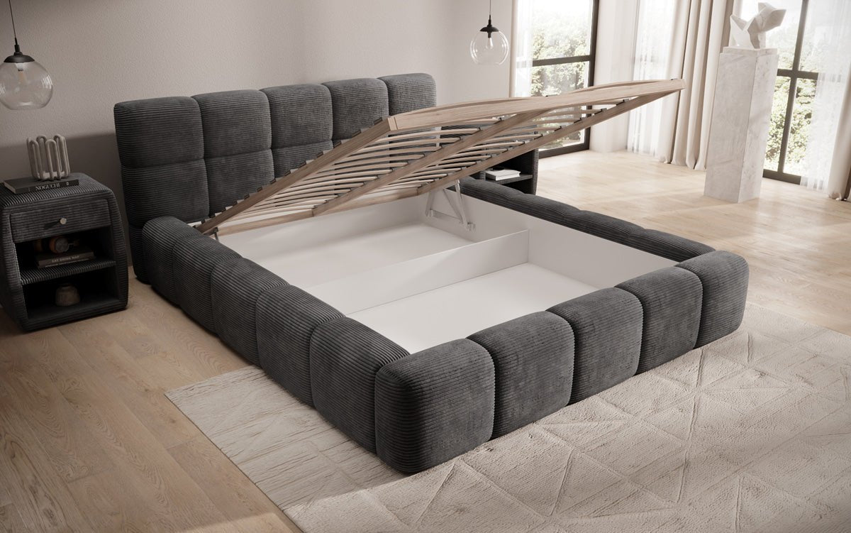 Designert Polsterbett Nox aus Cord mat Späicherplaz