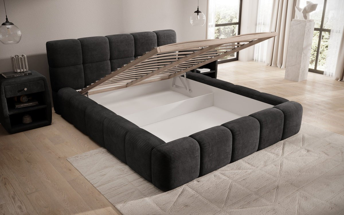 Designert Polsterbett Nox aus Cord mat Späicherplaz