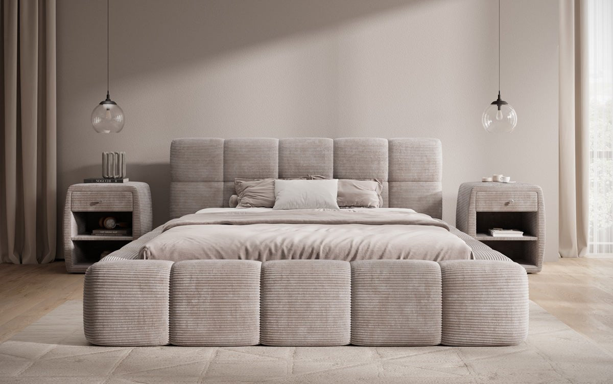 Designert Polsterbett Nox aus Cord mat Späicherplaz