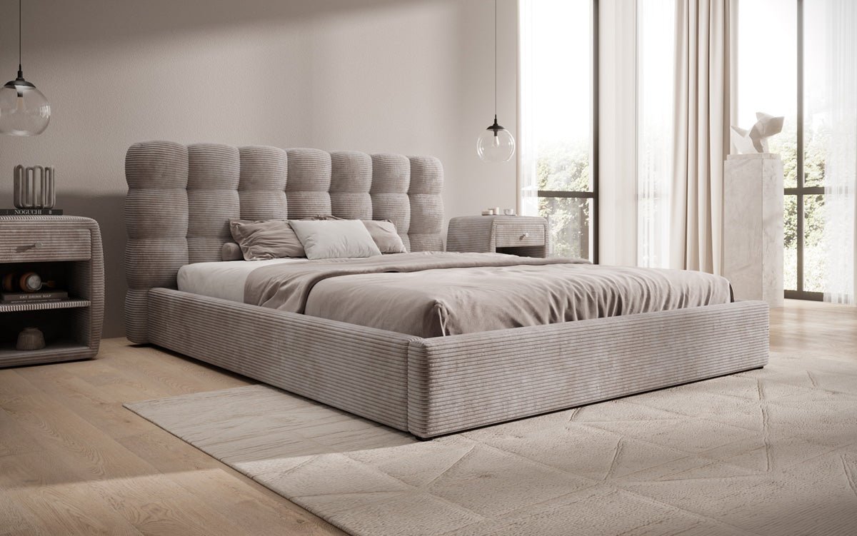 Designert Polsterbett Calivo aus Cord mat Stauraim