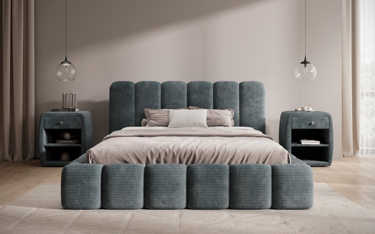 Designert Polsterbett Tevara a Cord mat Stauplaz