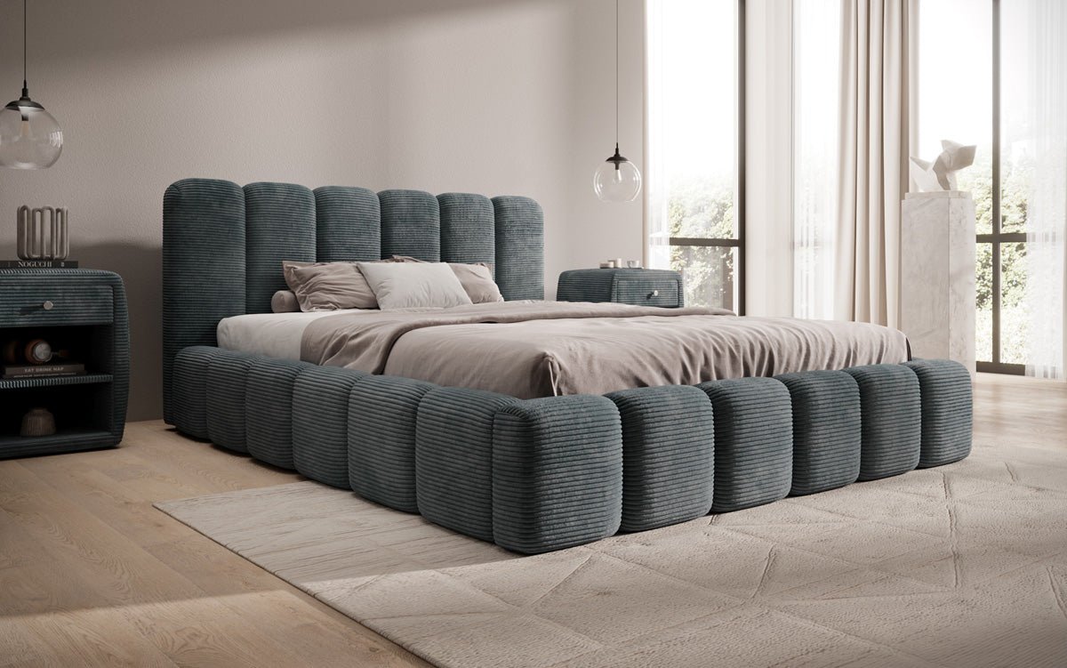 Designert Polsterbett Tevara a Cord mat Stauplaz