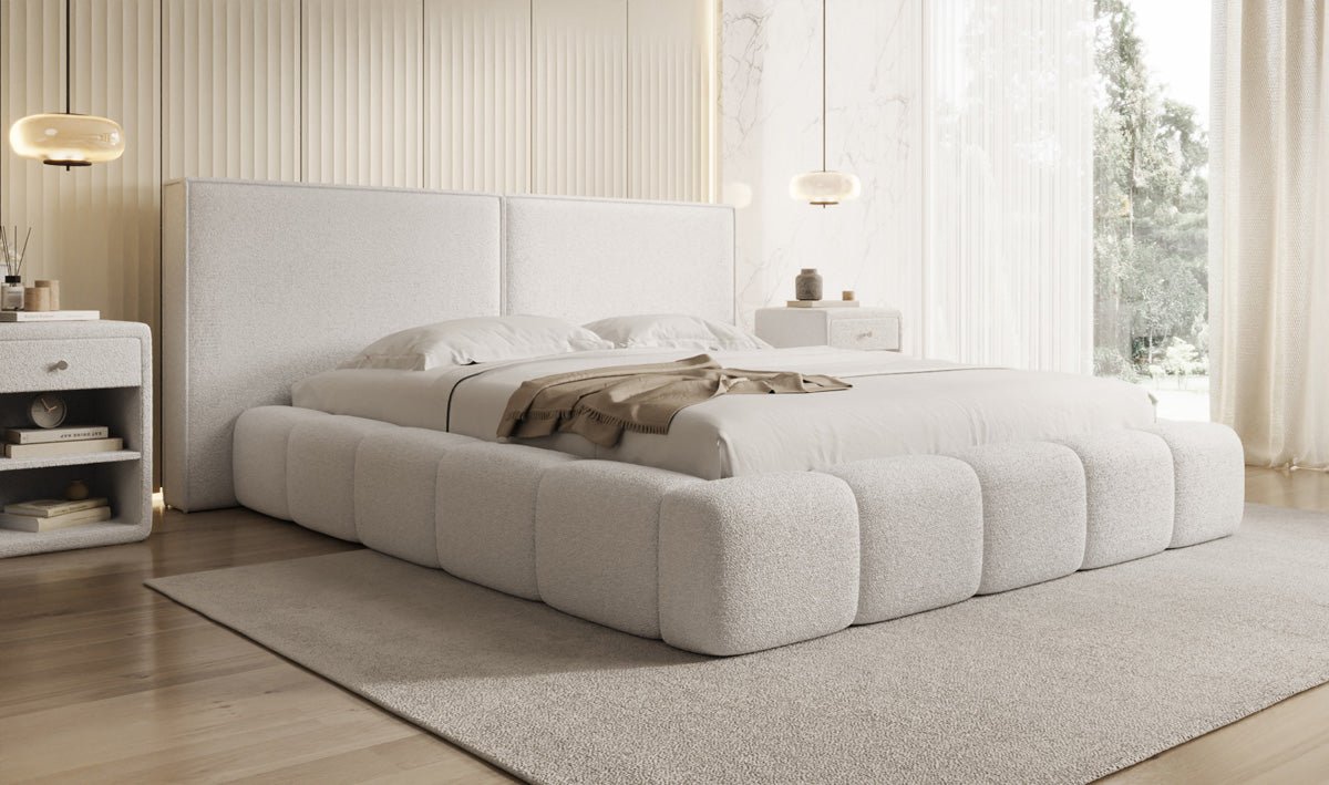 Designer-Polsterbett Elise am Teddy-Bouclé mat Stauraum