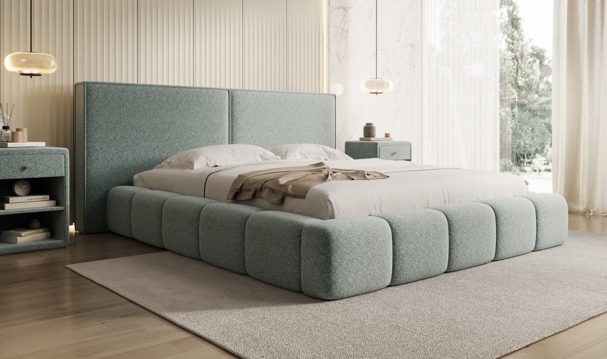 Designer-Polsterbett Elise aus Strukturstoff mat Stauraum