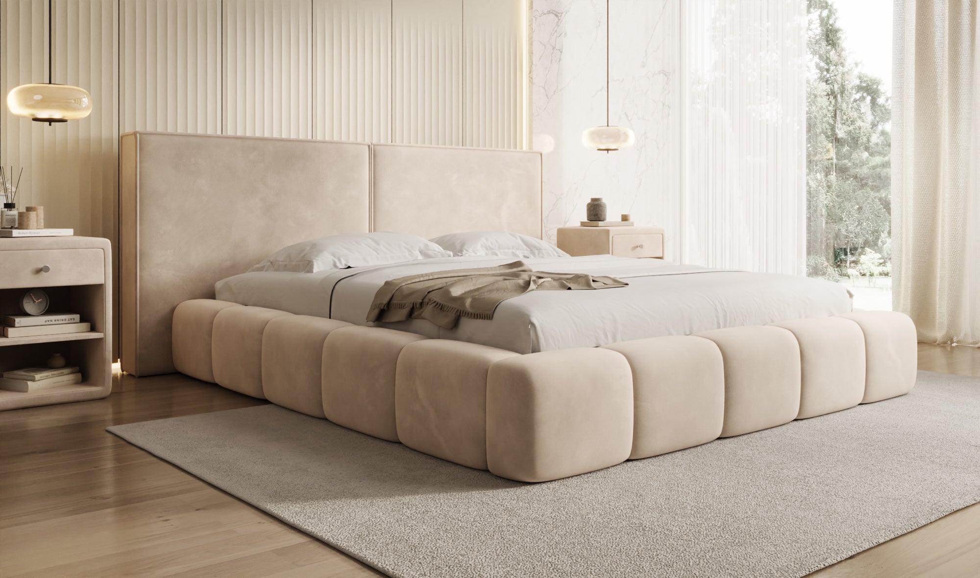 Designer-Polsterbett Elise aus Samett mat Stauraum