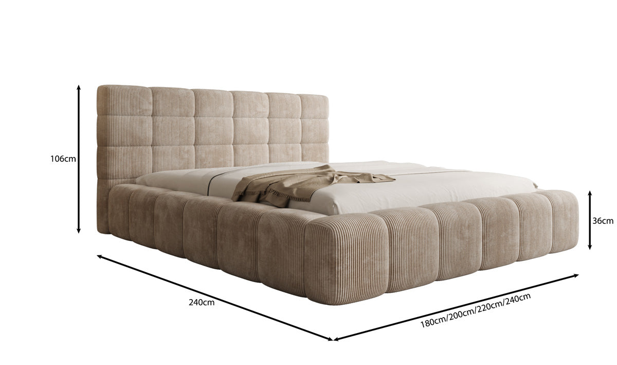 Designer-Polsterbett Marshmallow aus Cord mat Stauraum