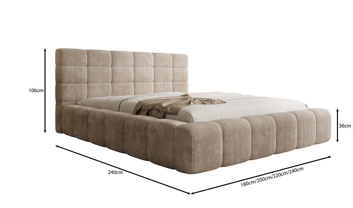 Designer-Polsterbett Marshmallow aus Cord mat Stauraum