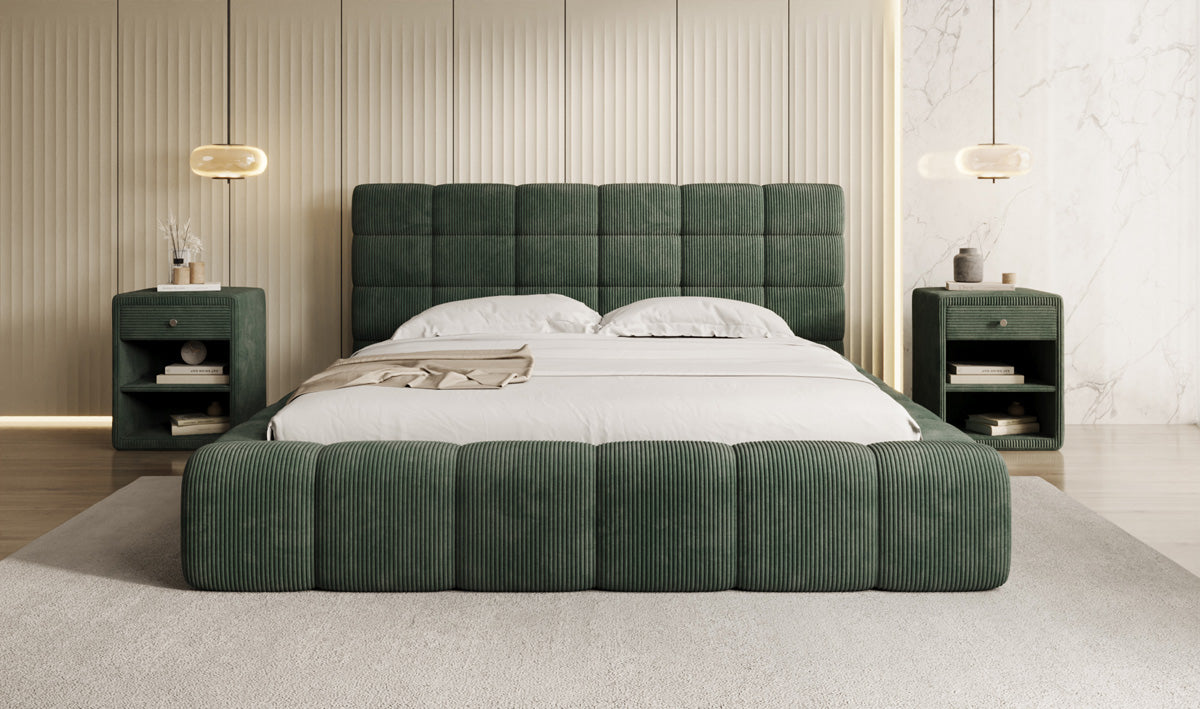 Designer-Polsterbett Marshmallow aus Cord mat Stauraum