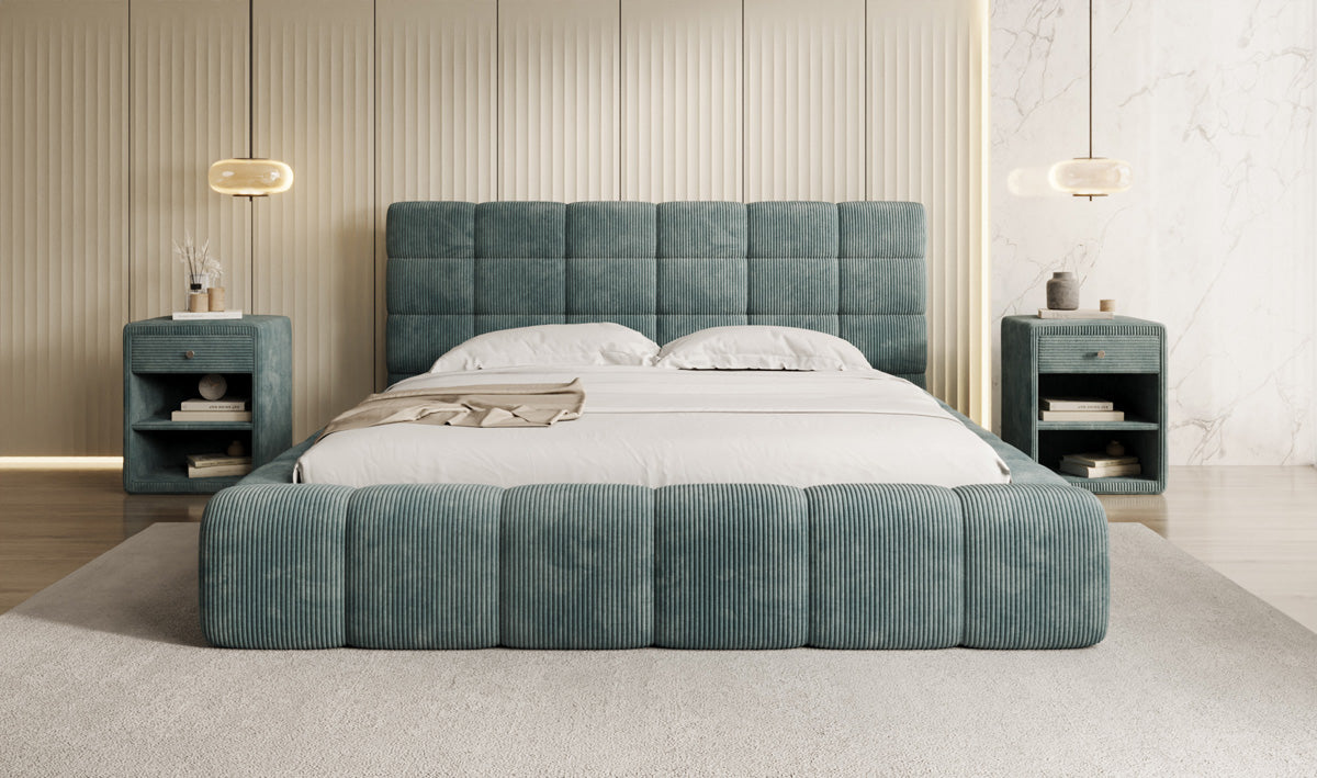 Designer-Polsterbett Marshmallow aus Cord mat Stauraum