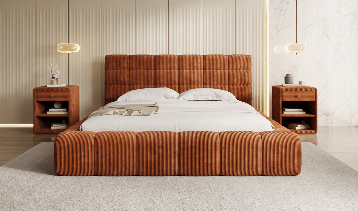 Designer-Polsterbett Marshmallow aus Cord mat Stauraum
