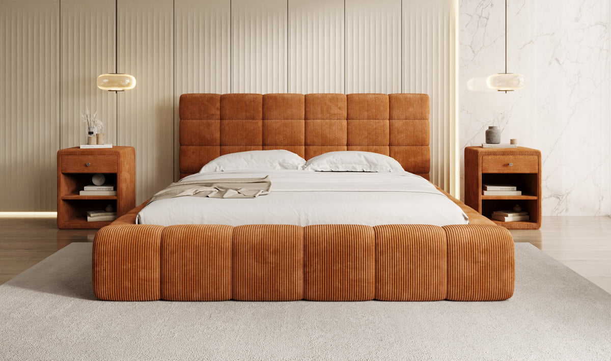 Designer-Polsterbett Marshmallow aus Cord mat Stauraum
