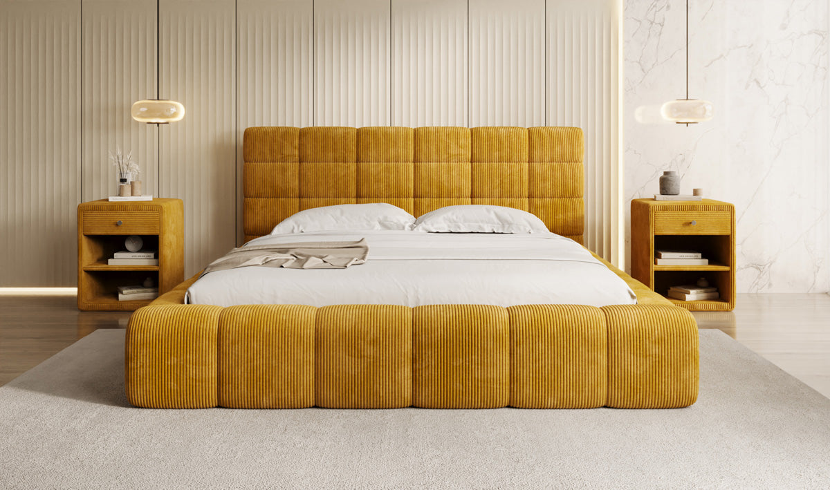 Designer-Polsterbett Marshmallow aus Cord mat Stauraum
