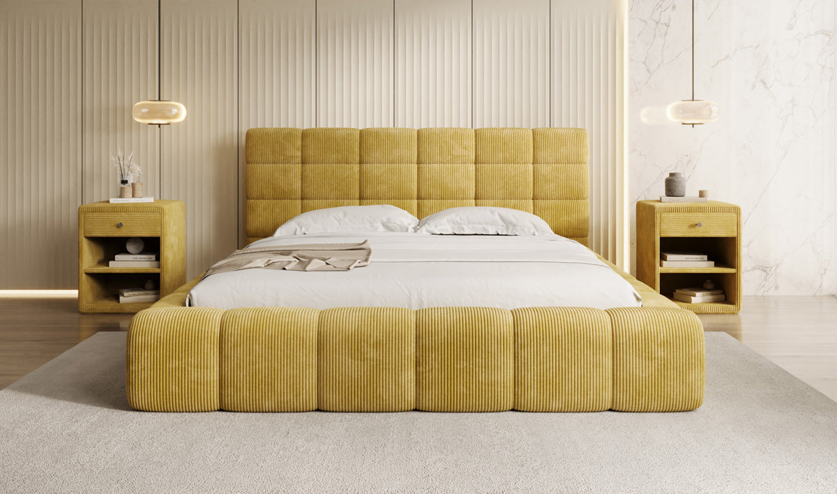 Designer-Polsterbett Marshmallow aus Cord mat Stauraum