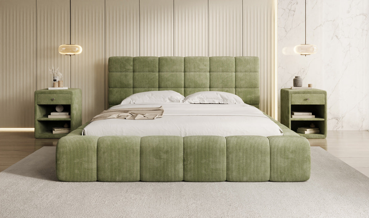 Designer-Polsterbett Marshmallow aus Cord mat Stauraum