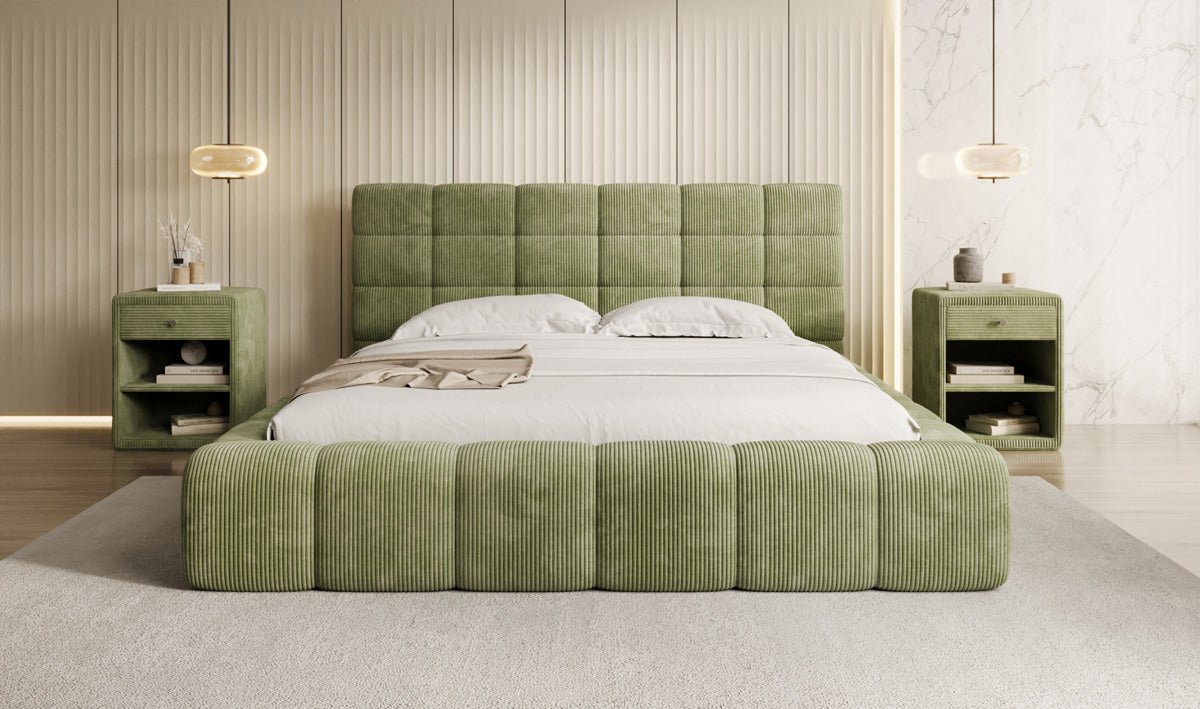Designer-Polsterbett Marshmallow aus Cord mat Stauraum