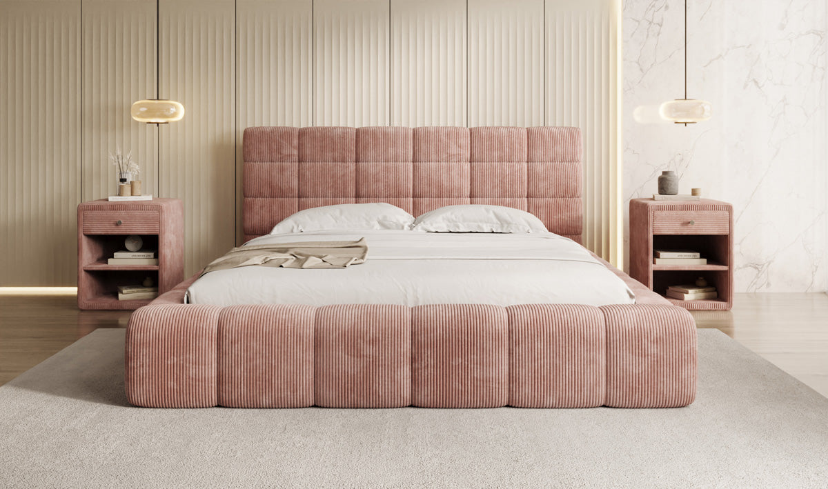 Designer-Polsterbett Marshmallow aus Cord mat Stauraum