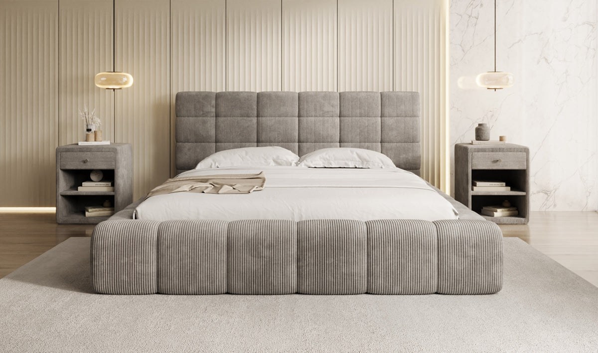 Designer-Polsterbett Marshmallow aus Cord mat Stauraum