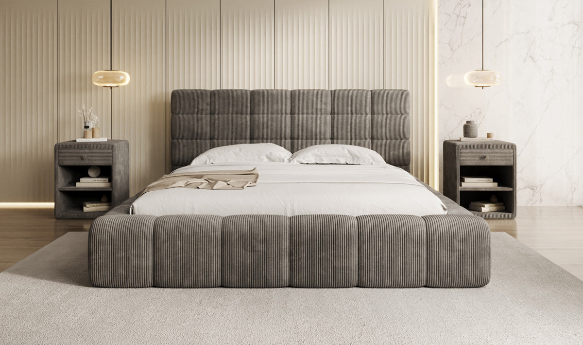Designer-Polsterbett Marshmallow aus Cord mat Stauraum