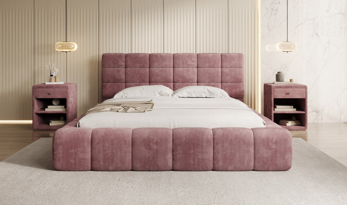 Designer-Polsterbett Marshmallow aus Cord mat Stauraum