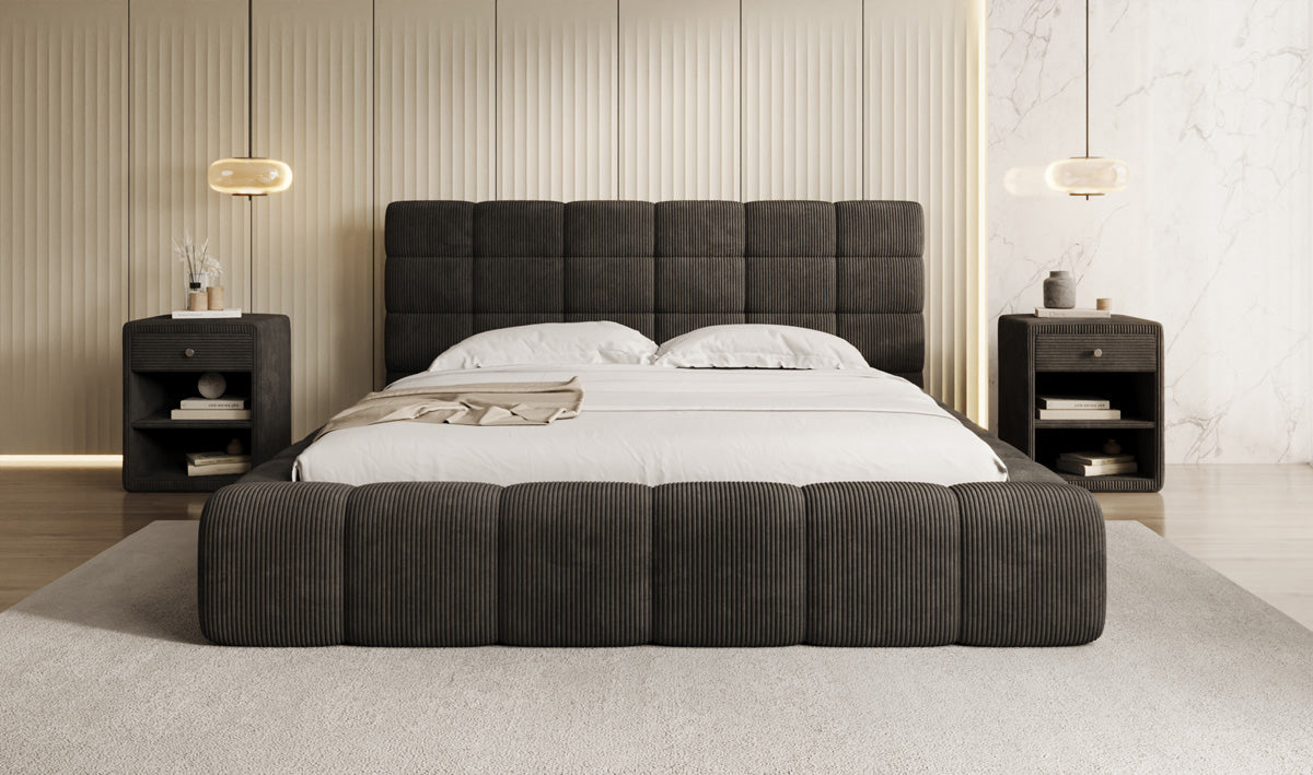 Designer-Polsterbett Marshmallow aus Cord mat Stauraum