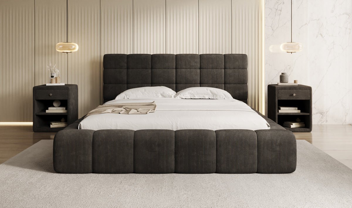 Designer-Polsterbett Marshmallow aus Cord mat Stauraum
