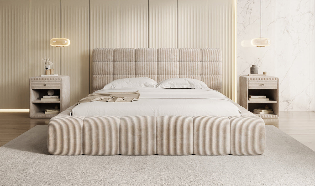 Designer-Polsterbett Marshmallow aus Cord mat Stauraum