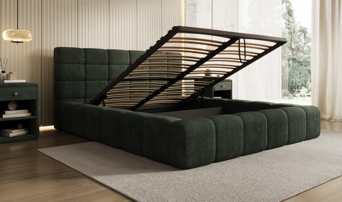 Designer-Polsterbett Marshmallow aus Cord mat Stauraum