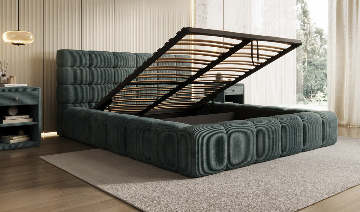 Designer-Polsterbett Marshmallow aus Cord mat Stauraum