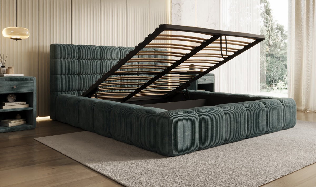Designer-Polsterbett Marshmallow aus Cord mat Stauraum