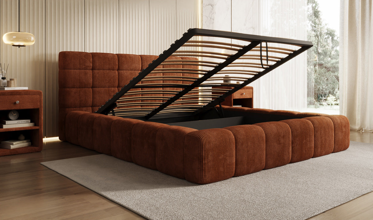 Designer-Polsterbett Marshmallow aus Cord mat Stauraum