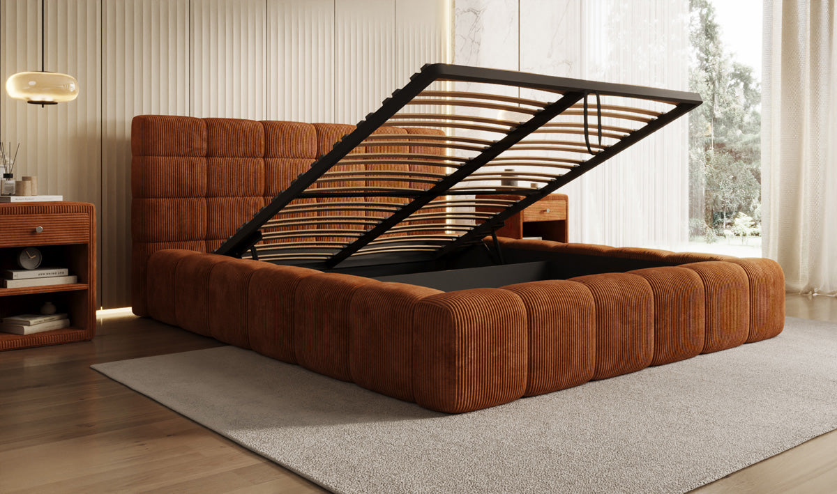 Designer-Polsterbett Marshmallow aus Cord mat Stauraum