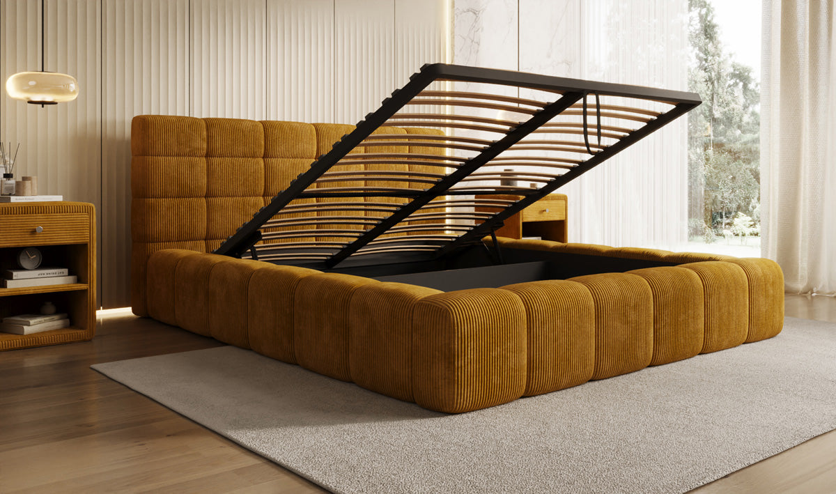 Designer-Polsterbett Marshmallow aus Cord mat Stauraum