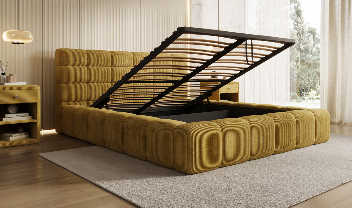 Designer-Polsterbett Marshmallow aus Cord mat Stauraum