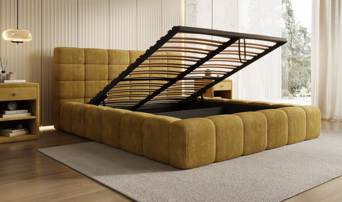 Designer-Polsterbett Marshmallow aus Cord mat Stauraum